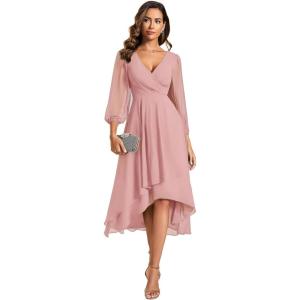 imageEver Pretty Womens Chiffon V Neck Long Sleeves ALine Midi Length Wedding Guest Dress Cocktail Party Formal Dresses 01926Dusty Rose