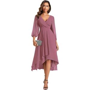 imageEver Pretty Womens Chiffon V Neck Long Sleeves ALine Midi Length Wedding Guest Dress Cocktail Party Formal Dresses 01926Orchid