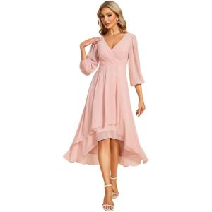 imageEver Pretty Womens Chiffon V Neck Long Sleeves ALine Midi Length Wedding Guest Dress Cocktail Party Formal Dresses 01926Pink