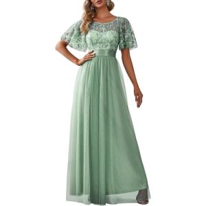 imageEverPretty Formal Dresses for Women Sequin Ruffle Sleeves Empire Waist ALine Long Evening Gowns Mother of Bride DressMint Green
