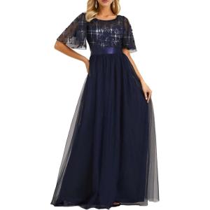 imageEverPretty Formal Dresses for Women Sequin Ruffle Sleeves Empire Waist ALine Long Evening Gowns Mother of Bride DressNavy