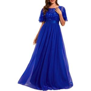 imageEverPretty Formal Dresses for Women Sequin Ruffle Sleeves Empire Waist ALine Long Evening Gowns Mother of Bride DressRoyal Blue