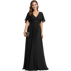 imageEverPretty Womens Bridesmaid Dresses VNeck Flutter Sleeve Long Chiffon ALine Appliqued Waist Formal DressBlack