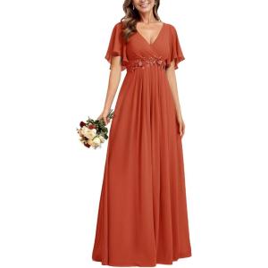 imageEverPretty Womens Bridesmaid Dresses VNeck Flutter Sleeve Long Chiffon ALine Appliqued Waist Formal DressBurnt Orange