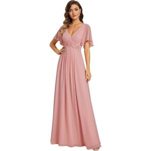 imageEverPretty Womens Bridesmaid Dresses VNeck Flutter Sleeve Long Chiffon ALine Appliqued Waist Formal DressDusty Rose
