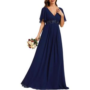 imageEverPretty Womens Bridesmaid Dresses VNeck Flutter Sleeve Long Chiffon ALine Appliqued Waist Formal DressNavy Blue