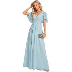 imageEverPretty Womens Bridesmaid Dresses VNeck Flutter Sleeve Long Chiffon ALine Appliqued Waist Formal DressSky Blue