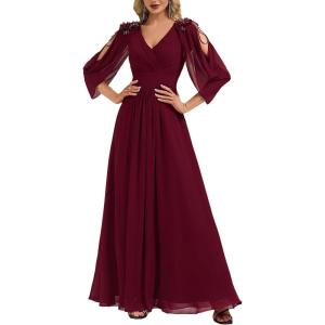 imageEverPretty Womens Chiffon VNeck Formal Evening Dress Floral Appliques Sleeves Floor Length Mother of Bride DressesBurgundy