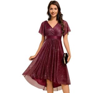 imageEverPretty Womens Elegant V Neck Pleated Short Sleeves Glitter A Line Midi Wedding Guest Dress 52159Burgundy