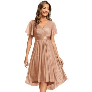 imageEverPretty Womens Elegant V Neck Pleated Short Sleeves Glitter A Line Midi Wedding Guest Dress 52159Rose Gold