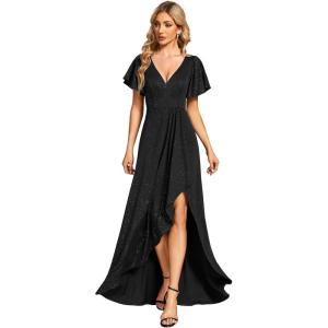 imageEverPretty Womens Glitter Christmas Formal Holiday Party Dress Stretchy Ruffle Sleeves VNeck Wedding Guest DressesBlack