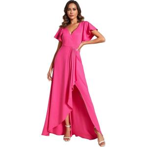 imageEverPretty Womens Glitter Christmas Formal Holiday Party Dress Stretchy Ruffle Sleeves VNeck Wedding Guest DressesHot Pink