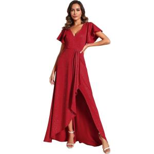 imageEverPretty Womens Glitter Christmas Formal Holiday Party Dress Stretchy Ruffle Sleeves VNeck Wedding Guest DressesRed
