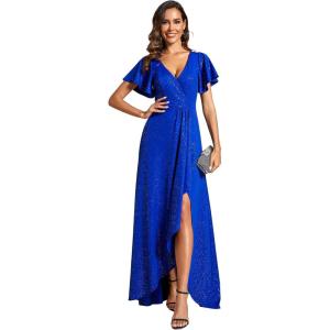 imageEverPretty Womens Glitter Christmas Formal Holiday Party Dress Stretchy Ruffle Sleeves VNeck Wedding Guest DressesSapphire Blue
