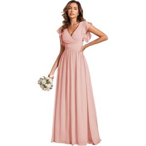 imageEverPretty Womens Spring Summer Bridesmaid Dress Flowy Chiffon A Line Short Sleeve Back Cutout Formal Dresses 01819Pink