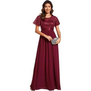 imageEverPretty Womens A Line Crew Neck Short Sleeve Sequin Floor Length Semi Formal Dress Burgundy US14