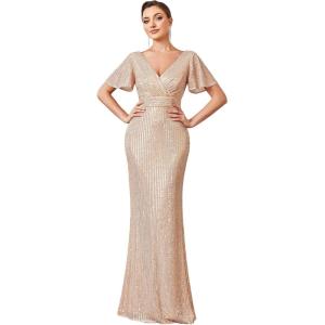 imageEverPretty Womens Double VNeck Flared Sleeves Memaid Sequin Floor Length Evening Dresses 01435Rose Gold