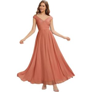 image:imageEverPretty Womens Elegant V Neck Pleated A Line Cap Sleeve Chiffon Formal Wedding Guest Dress Bridesmaid Dresses 2695Coral Pink