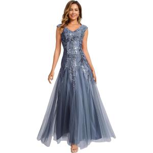 image:imageEverPretty Womens Sequin VNeck Formal Dresses Cap Sleeves Ball Gowns Prom Dress 02559Dusty Blue