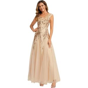 image:imageEverPretty Womens Sequin VNeck Formal Dresses Cap Sleeves Ball Gowns Prom Dress 02559Gold