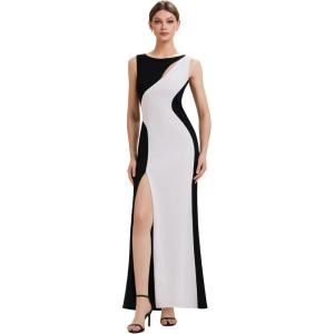 image:imageEverPretty Womens Crew Neck Slit Formal Wedding Guest Dress Color Block Sleeveless Birthday Evening Dresses 02631Ivory Black