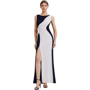 image:imageEverPretty Womens Crew Neck Slit Formal Wedding Guest Dress Color Block Sleeveless Birthday Evening Dresses 02631Navy Blue
