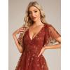 image:imageEverPretty Womens V Neck A Line Cocktail Dresses Embroidery Short Sleeves Midi Sequin Formal Wedding Guest Dress 02230Burntorange