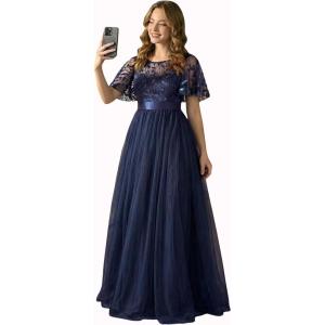 image:imageEverPretty Sequin Formal Prom Dresses for Women Ruffle Sleeves Empire Waist ALine Long Mother of Bride Dress 00904Navy Blue