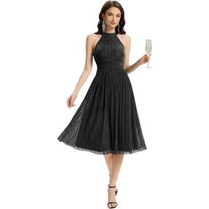 image:imageEverPretty Womens Glitter Halter Neck Midi Cocktail Wedding Guest Dresses Sleeveless Pleated Semi Formal Dress 41962Black