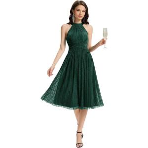 image:imageEverPretty Womens Glitter Halter Neck Midi Cocktail Wedding Guest Dresses Sleeveless Pleated Semi Formal Dress 41962Dark Green