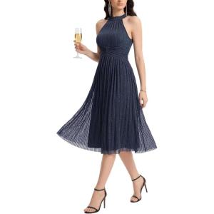 image:imageEverPretty Womens Glitter Halter Neck Midi Cocktail Wedding Guest Dresses Sleeveless Pleated Semi Formal Dress 41962Navy Blue