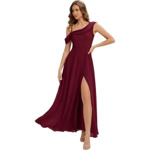 image:imageEverPretty Womens One Shoulder Bridesmaid Dress Short Sleeves Chiffon ALine Formal Wedding Guest Dresses 02704Burgundy