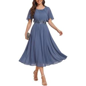 image:imageEverPretty Womens Round Neck Short Sleeves Formal Dresses Appliques Aline Chiffon Midi Mother of Bride Dress 02961Dusty Blue