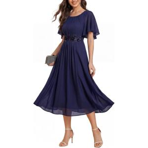 image:imageEverPretty Womens Round Neck Short Sleeves Formal Dresses Appliques Aline Chiffon Midi Mother of Bride Dress 02961Navy Blue