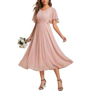 image:imageEverPretty Womens Round Neck Short Sleeves Formal Dresses Appliques Aline Chiffon Midi Mother of Bride Dress 02961Pink