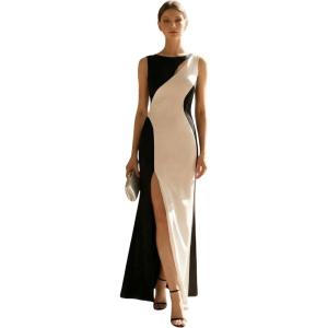 image:imageEverPretty Womens Spring Crew Neck Slit Maxi Formal Wedding Guest Dress Color Block Sleeveless Birthday Evening DressesIvory Black