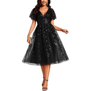 image:imageEverPretty Womens V Neck A Line Cocktail Dresses Embroidery Short Sleeves Midi Sequin Formal Wedding Guest Dress 02230Black