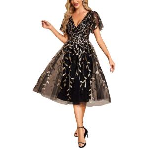 image:imageEverPretty Womens V Neck A Line Cocktail Dresses Embroidery Short Sleeves Midi Sequin Formal Wedding Guest Dress 02230Blackgold