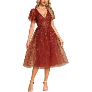 image:imageEverPretty Womens V Neck A Line Cocktail Dresses Embroidery Short Sleeves Midi Sequin Formal Wedding Guest Dress 02230Burntorange