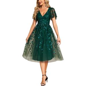 image:imageEverPretty Womens V Neck A Line Cocktail Dresses Embroidery Short Sleeves Midi Sequin Formal Wedding Guest Dress 02230Dark Green