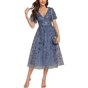 image:imageEverPretty Womens V Neck A Line Cocktail Dresses Embroidery Short Sleeves Midi Sequin Formal Wedding Guest Dress 02230Dusty Blue