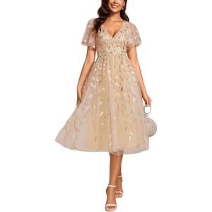 image:imageEverPretty Womens V Neck A Line Cocktail Dresses Embroidery Short Sleeves Midi Sequin Formal Wedding Guest Dress 02230Gold
