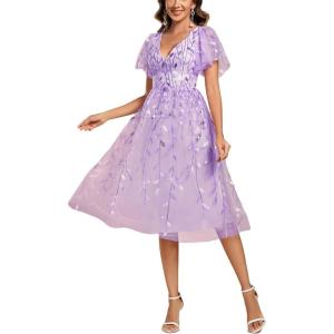 image:imageEverPretty Womens V Neck A Line Cocktail Dresses Embroidery Short Sleeves Midi Sequin Formal Wedding Guest Dress 02230Lavender