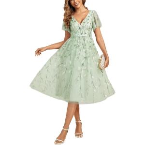 image:imageEverPretty Womens V Neck A Line Cocktail Dresses Embroidery Short Sleeves Midi Sequin Formal Wedding Guest Dress 02230Mint Green