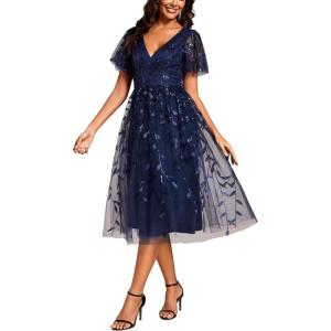 image:imageEverPretty Womens V Neck A Line Cocktail Dresses Embroidery Short Sleeves Midi Sequin Formal Wedding Guest Dress 02230Navyblue