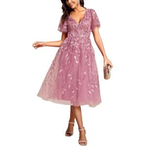 image:imageEverPretty Womens V Neck A Line Cocktail Dresses Embroidery Short Sleeves Midi Sequin Formal Wedding Guest Dress 02230Orchid