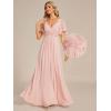 image:imageEverPretty Womens Chiffon VNeck Mother of Bride Dresses ALine Ruched Short Sleeves Appliques Bridesmaid Dress Formal GownCpink