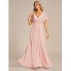 image:imageEverPretty Womens Chiffon VNeck Mother of Bride Dresses ALine Ruched Short Sleeves Appliques Bridesmaid Dress Formal GownCpink