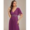 image:imageEverPretty Womens Chiffon VNeck Mother of Bride Dresses ALine Ruched Short Sleeves Appliques Bridesmaid Dress Formal GownFuchsia