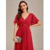 image:imageEverPretty Womens Chiffon VNeck Mother of Bride Dresses ALine Ruched Short Sleeves Appliques Bridesmaid Dress Formal GownRed